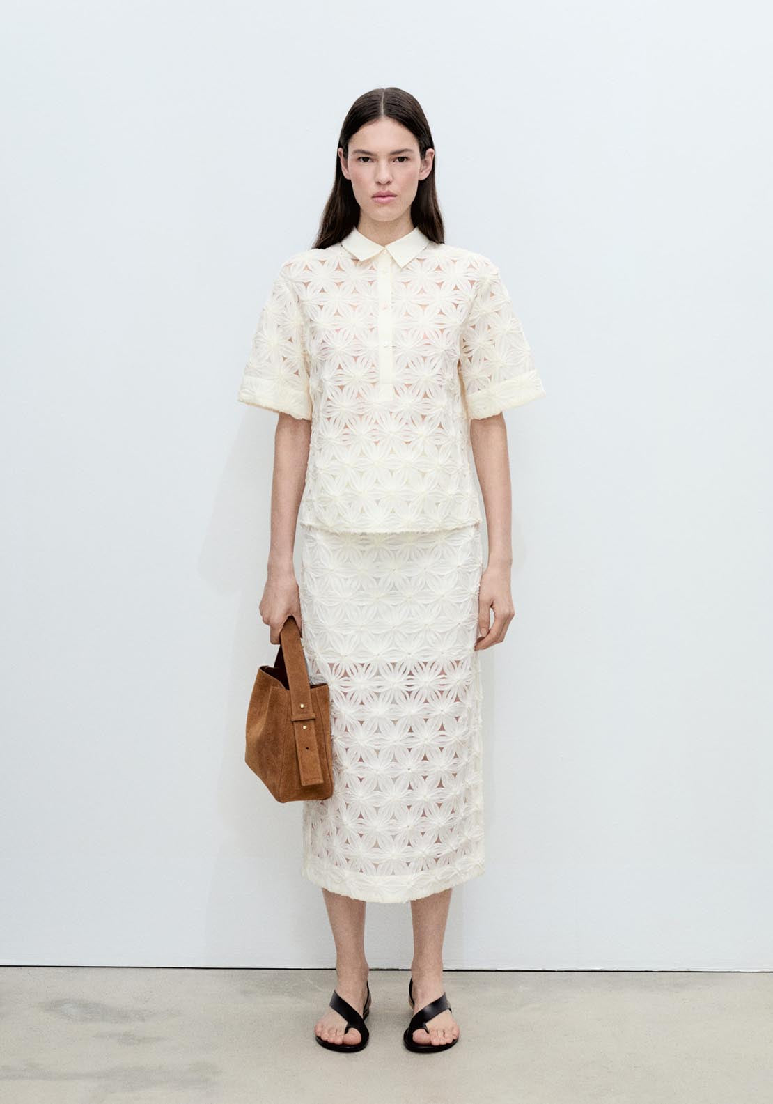 Mango Openwork Textured Floral Skirt - Light Beige 5 Shaws Department Stores