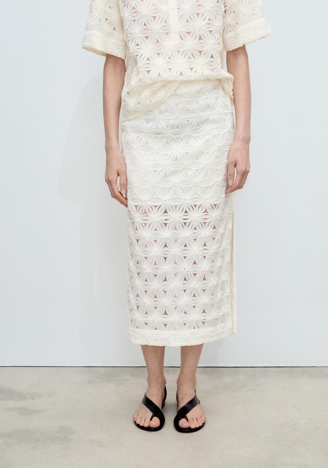 Mango Openwork Textured Floral Skirt - Light Beige 1 Shaws Department Stores