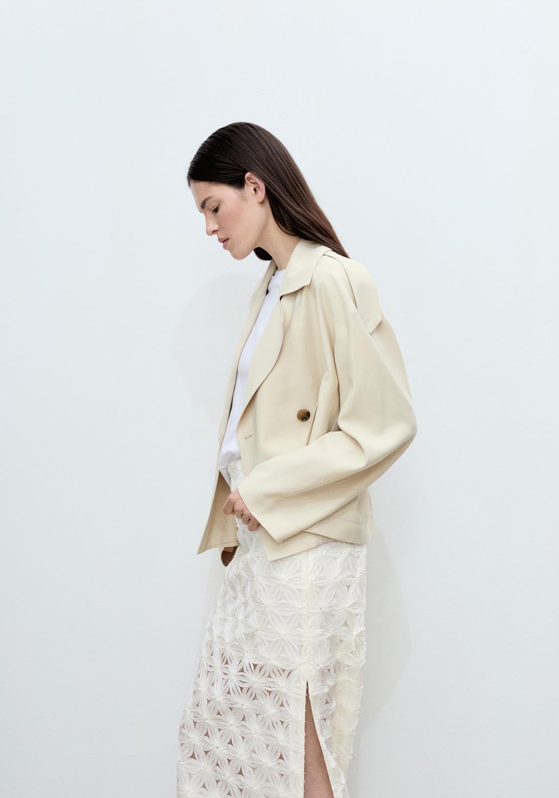 Mango Openwork Textured Floral Skirt - Light Beige 3 Shaws Department Stores
