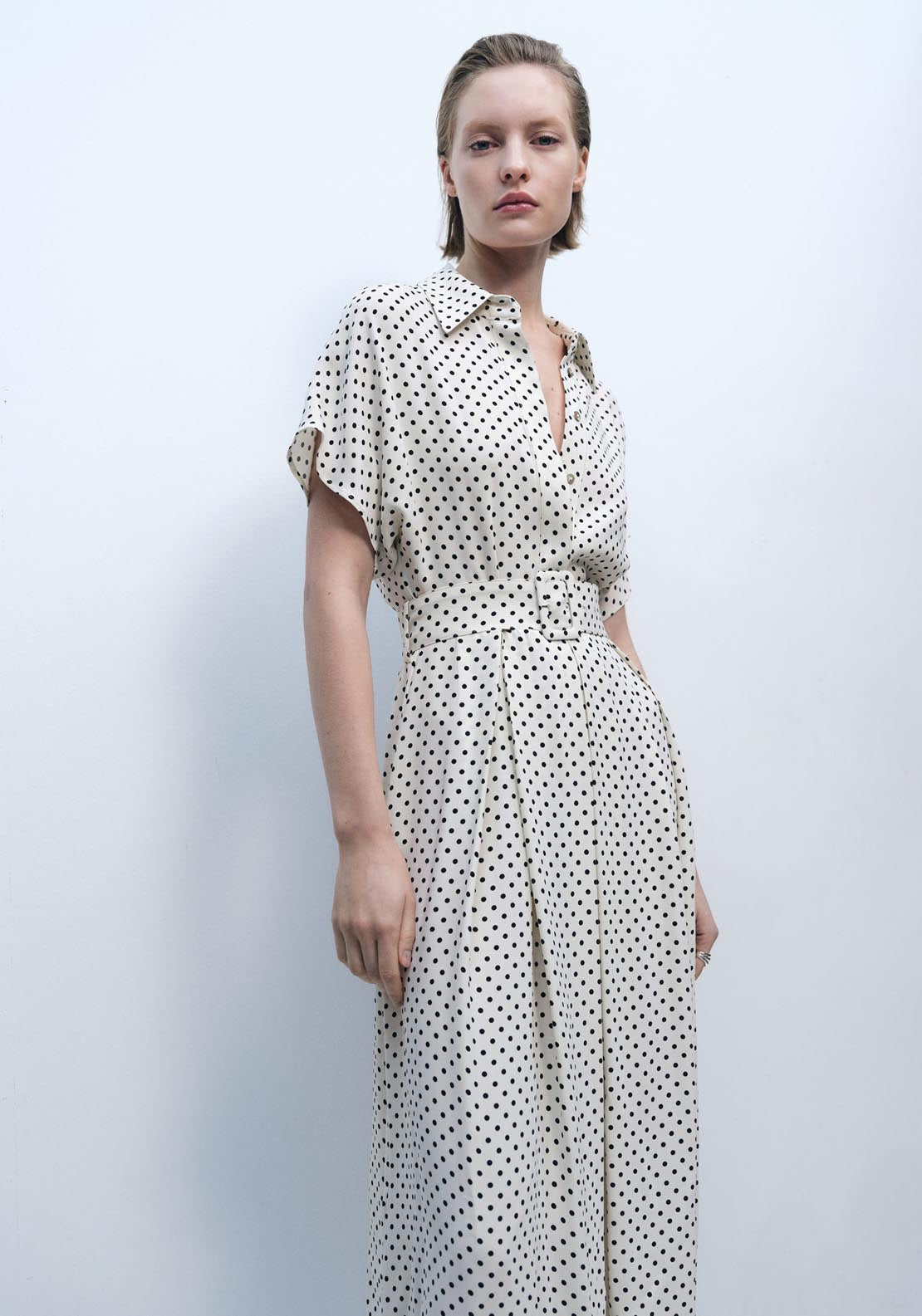 Mango Polka Dot Dress With Belt - Beige 3 Shaws Department Stores