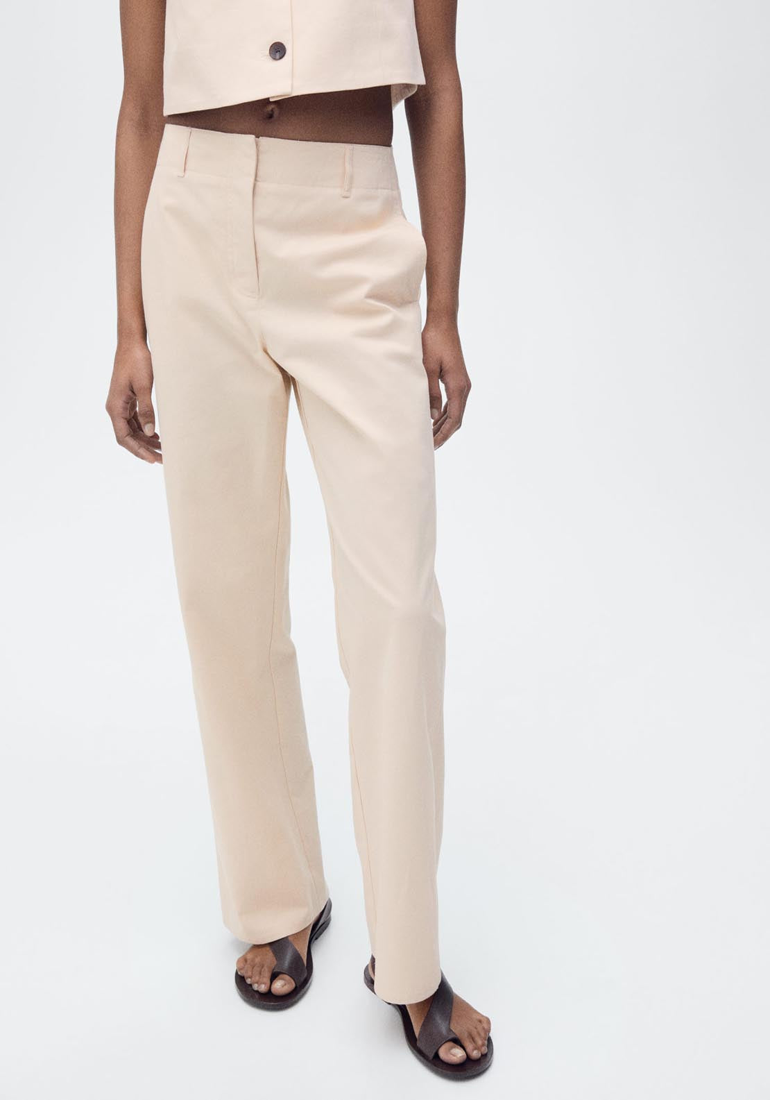 Mango Mid Rise Straight Fit Trousers - Light Beige 1 Shaws Department Stores