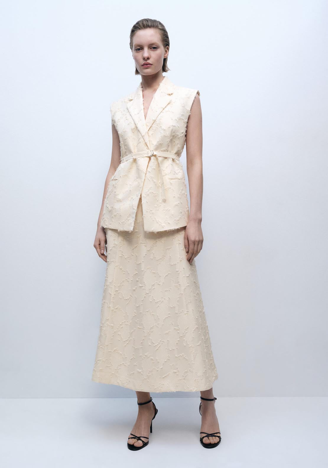 Mango Textured Waistcoat With Belt - Beige 4 Shaws Department Stores