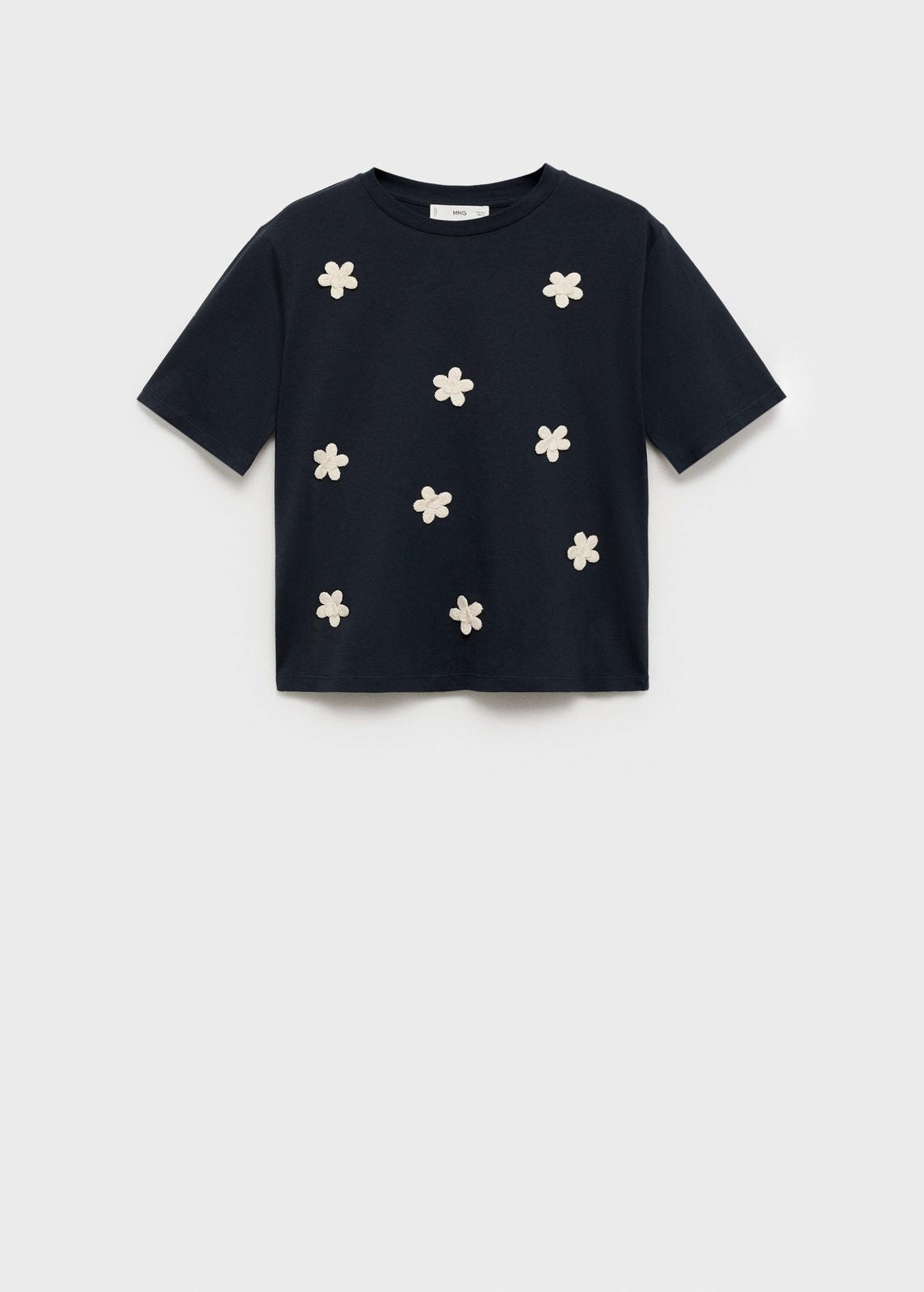 Mango Short sleeve t-shirt with flower appliqué - Navy 5 Shaws Department Stores