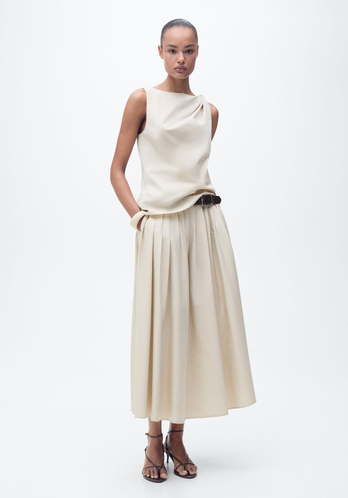 Mango Flared Skirt With Pleated Detail - Light Beige 4 Shaws Department Stores
