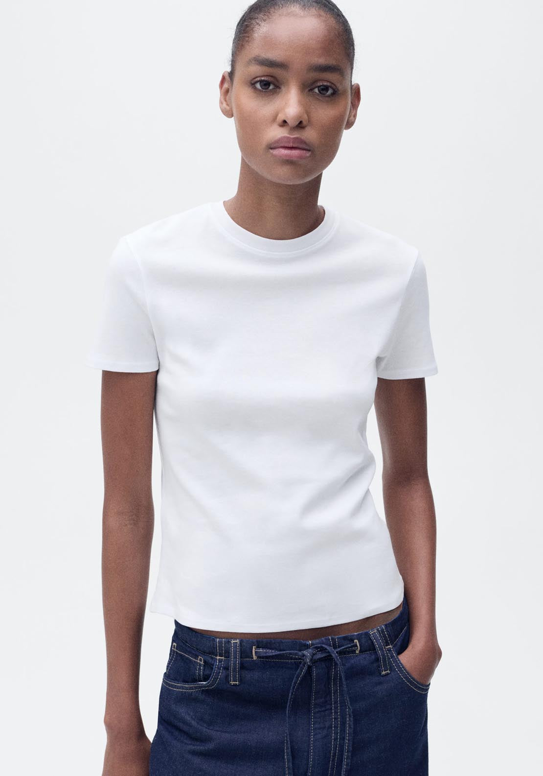 Mango Short Sleeve Fitted T-Shirt - White 1 Shaws Department Stores