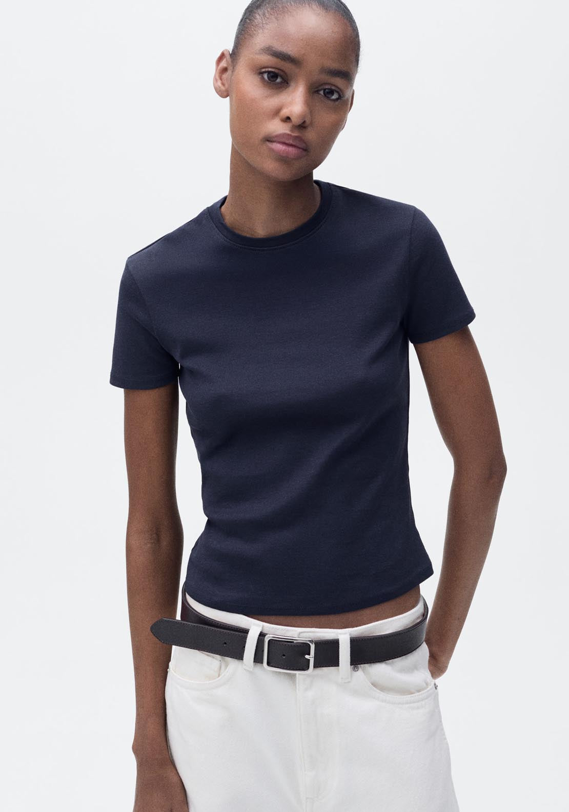 Mango Short Sleeve Fitted T-Shirt - Dark Blue 1 Shaws Department Stores