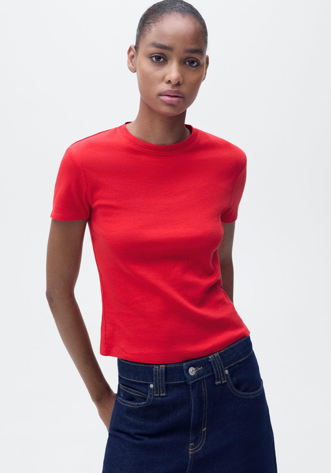 Mango Short Sleeve Fitted T-Shirt - Red 1 Shaws Department Stores