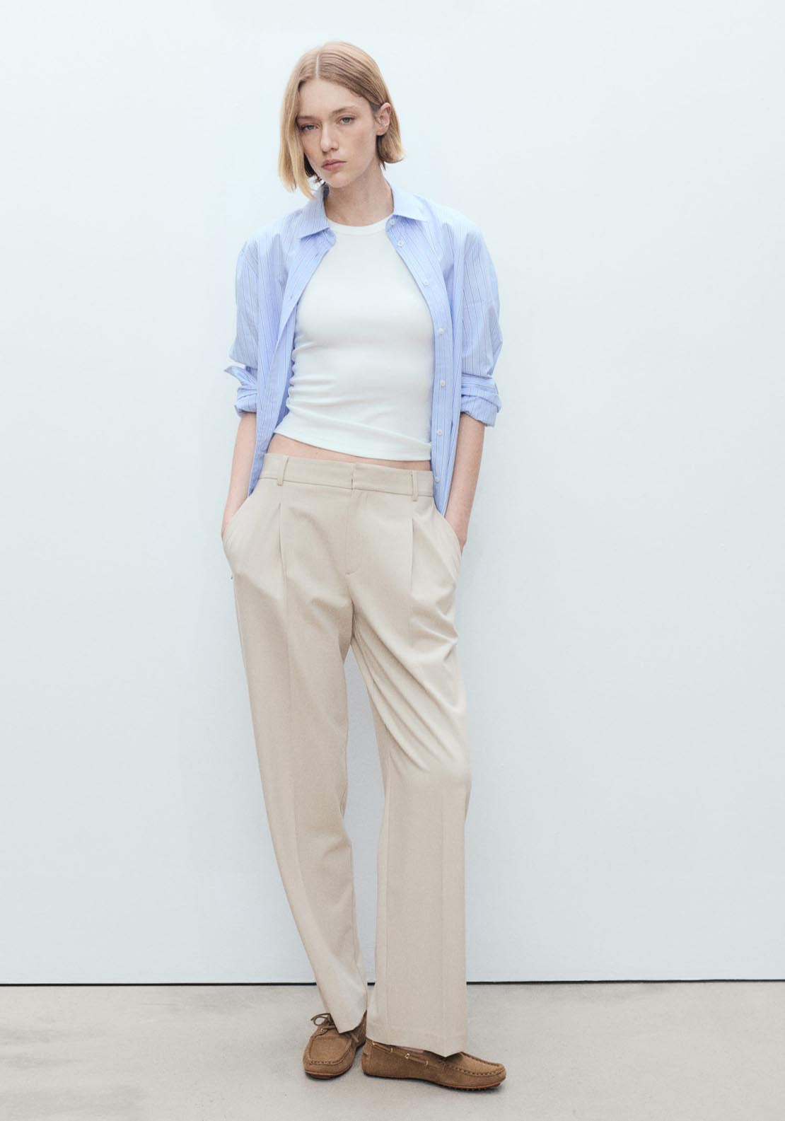 Mango Straight Fit Pleated Trousers - Light Beige 4 Shaws Department Stores