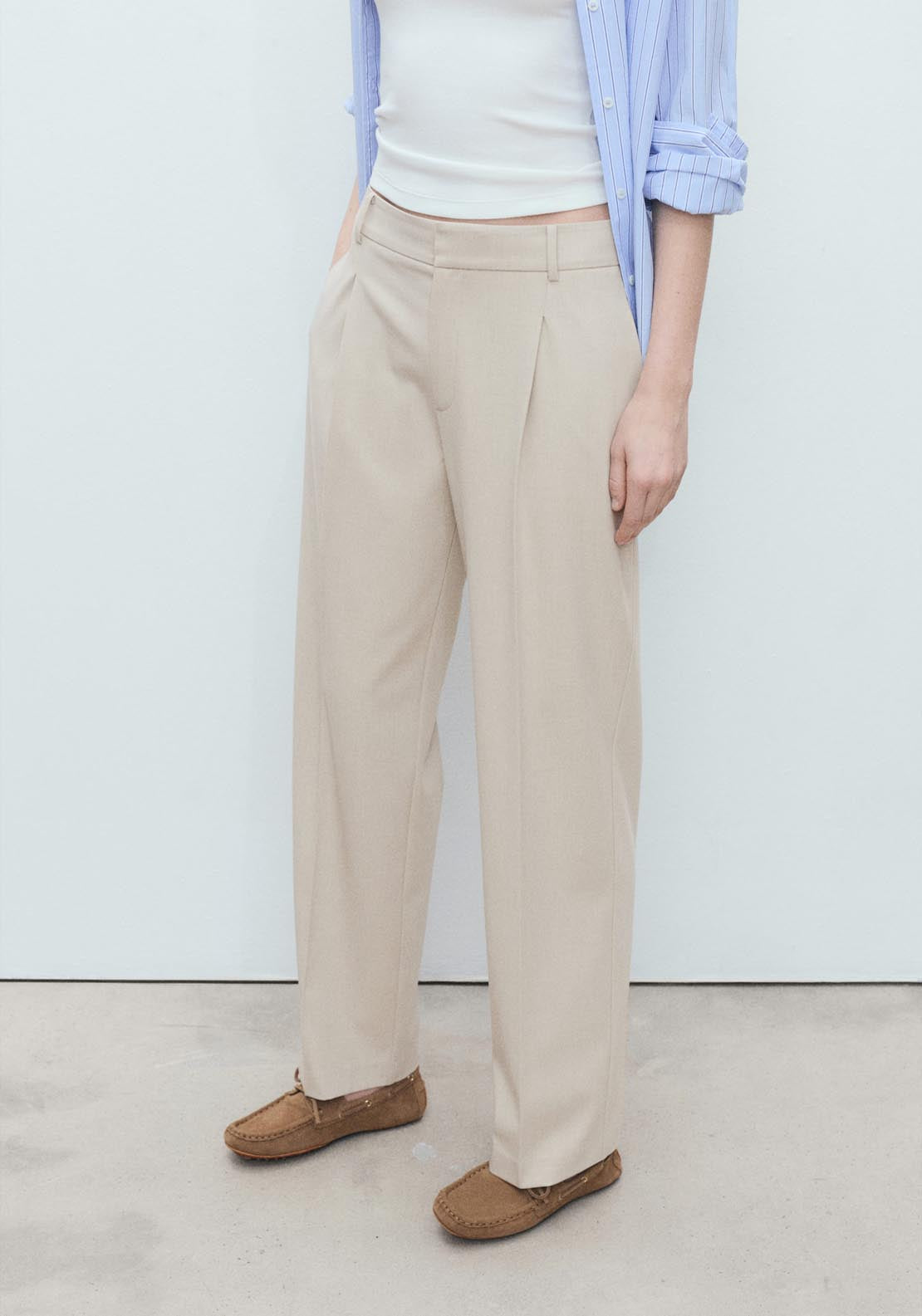 Mango Straight Fit Pleated Trousers - Light Beige 1 Shaws Department Stores