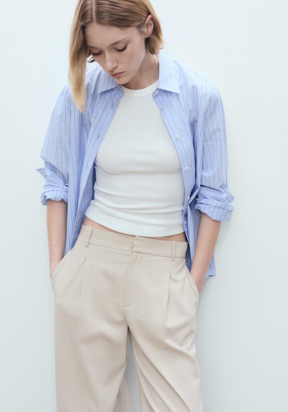 Mango Straight Fit Pleated Trousers - Light Beige 3 Shaws Department Stores