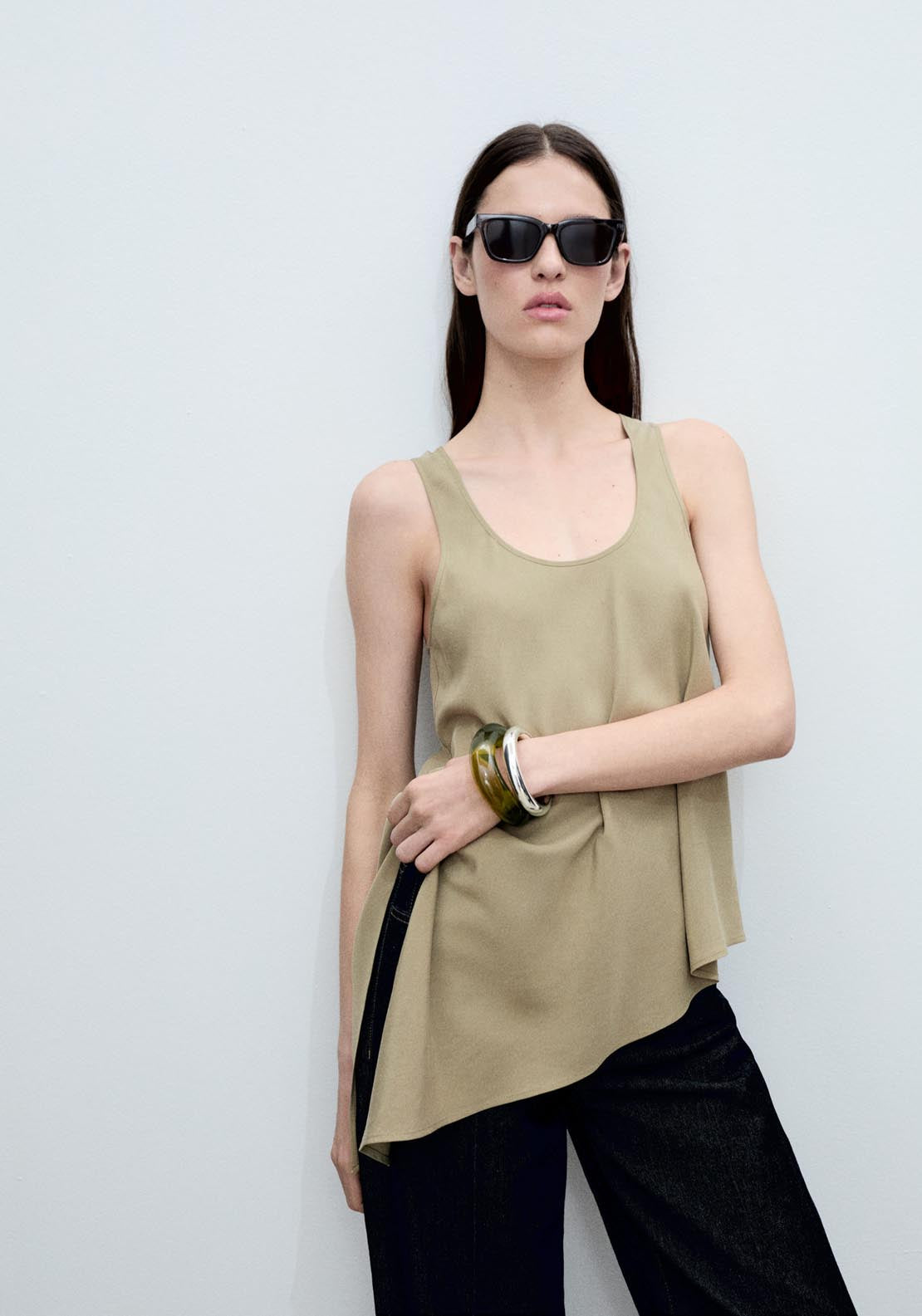 Mango Asymmetrical Lyocell Top - Beige/khaki 1 Shaws Department Stores