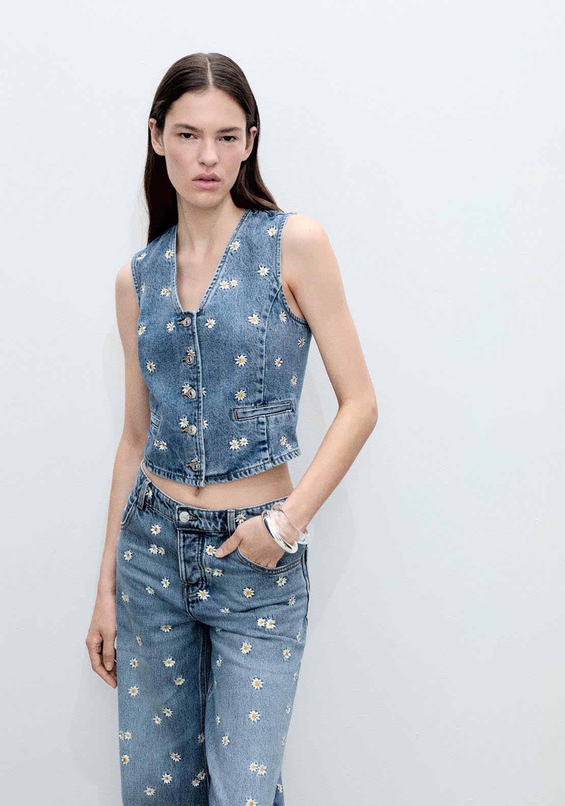 Mango Flower embroidered crop vest - Open Blue 2 Shaws Department Stores