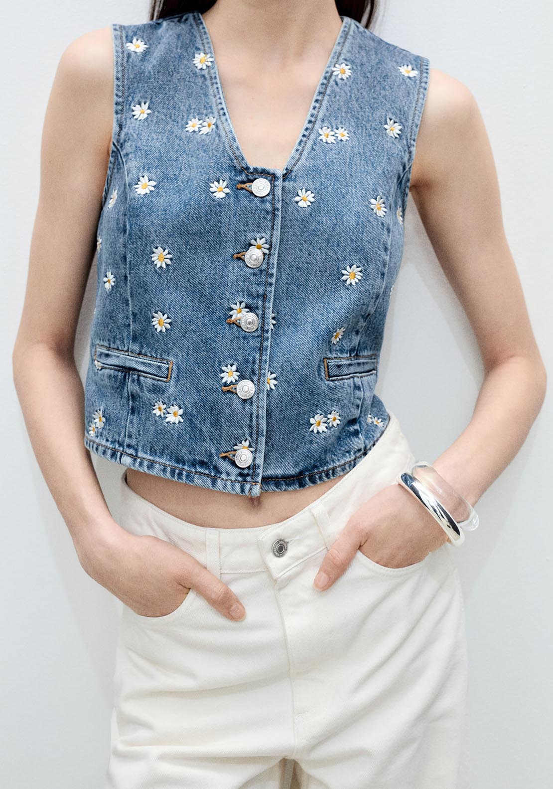 Mango Flower embroidered crop vest - Open Blue 4 Shaws Department Stores