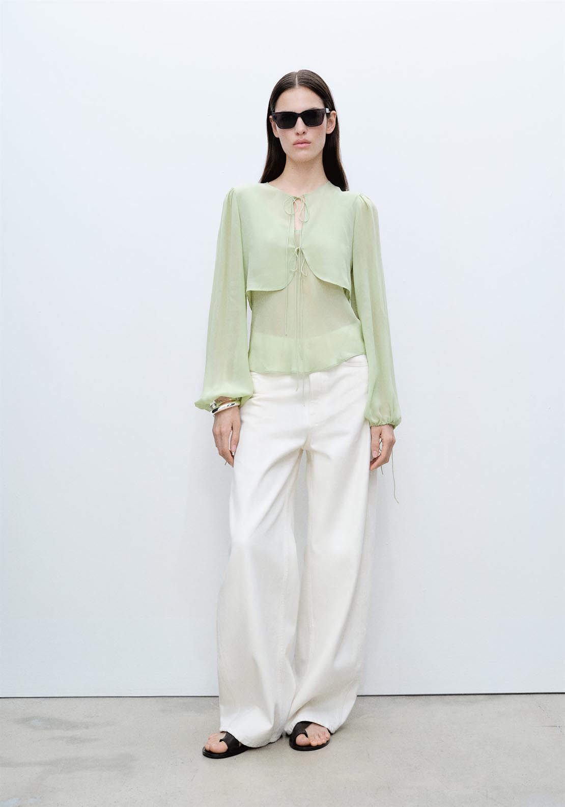 Mango Combined blouse with bow detail - Green 2 Shaws Department Stores