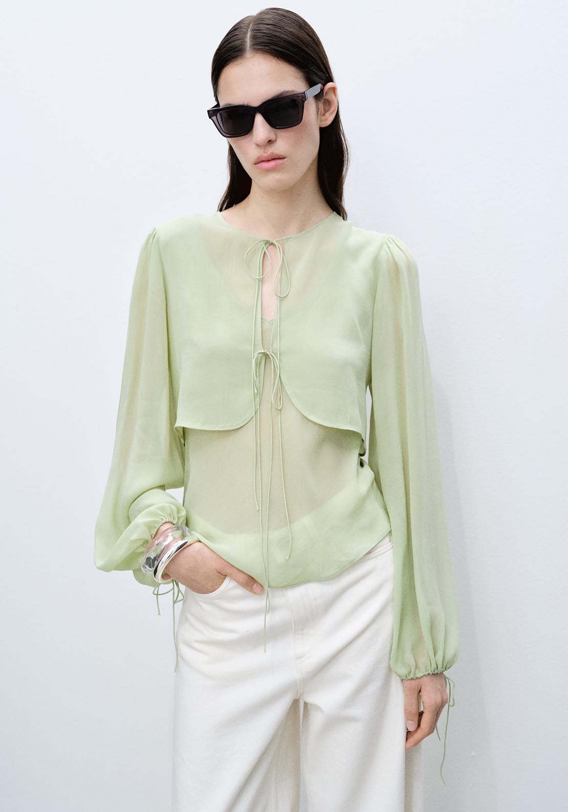Mango Combined blouse with bow detail - Green 1 Shaws Department Stores