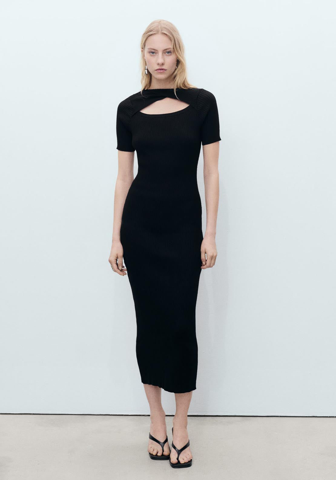 Mango Ribbed Midi Dress With Slit Neckline - Black 1 Shaws Department Stores