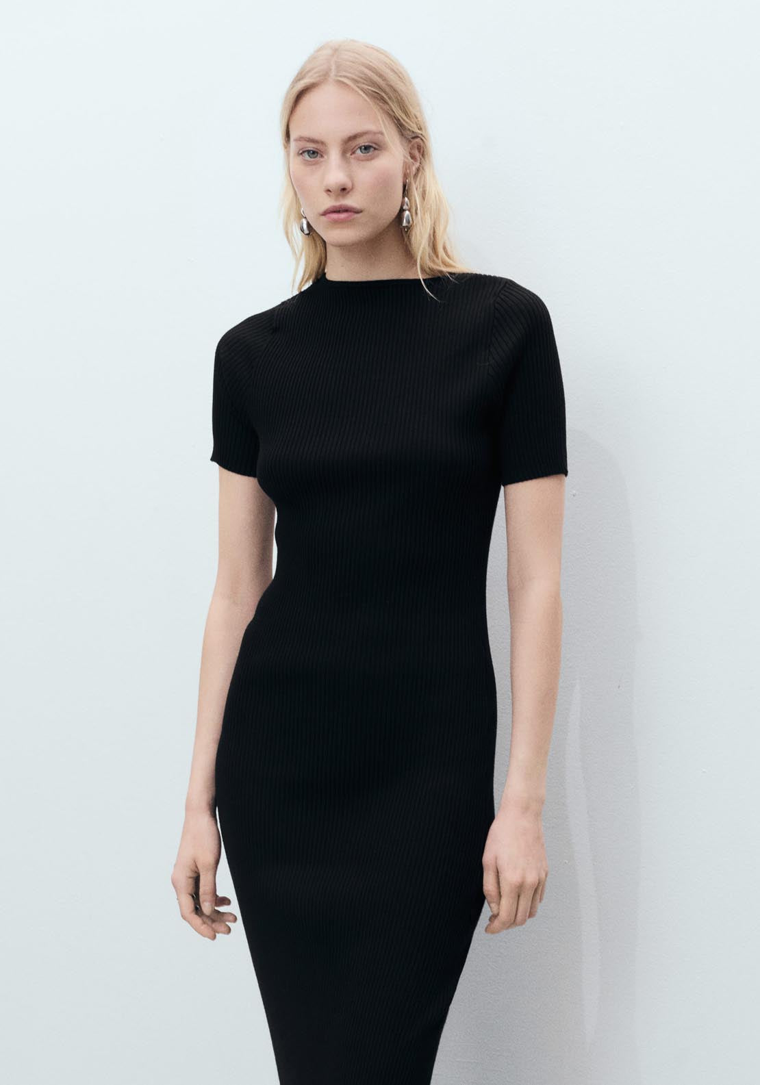 Mango Ribbed Midi Dress With Slit Neckline - Black 2 Shaws Department Stores