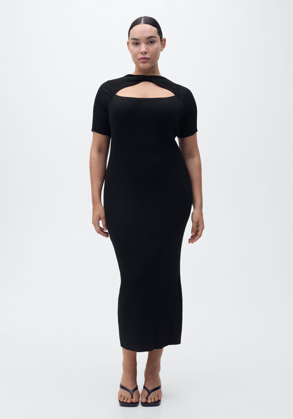 Mango Ribbed Midi Dress With Slit Neckline - Black 5 Shaws Department Stores