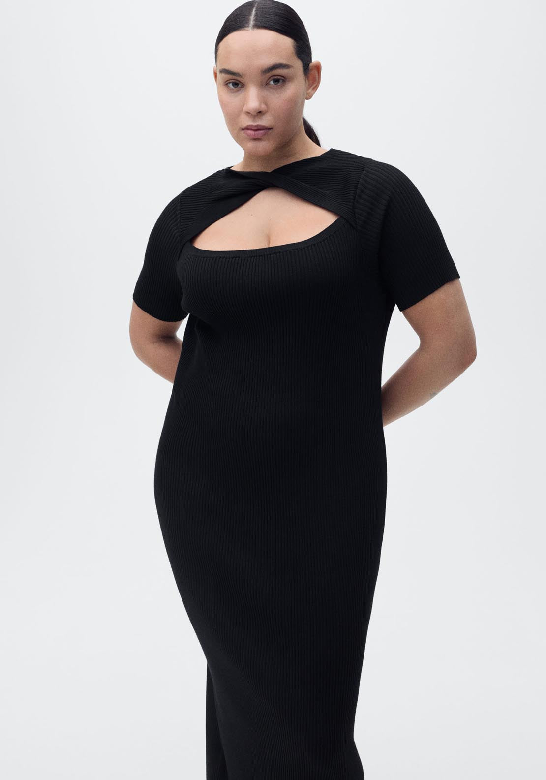 Mango Ribbed Midi Dress With Slit Neckline - Black 6 Shaws Department Stores