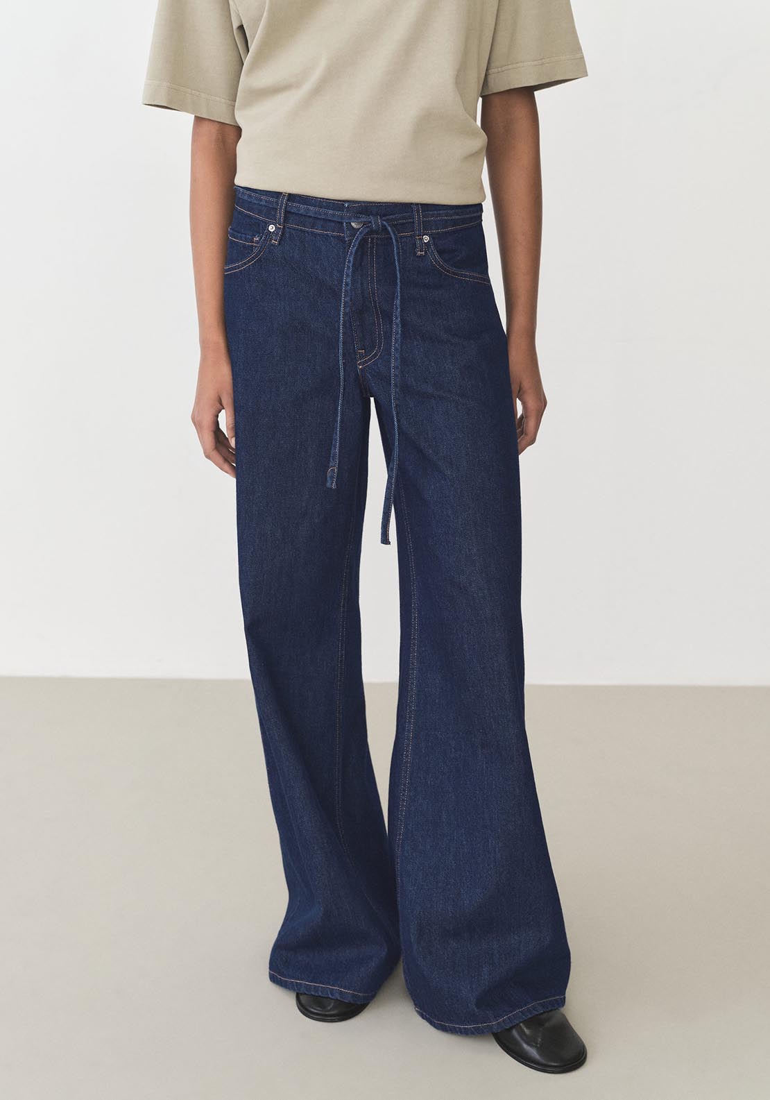 Mango Low rise wideleg jeans with belt - Open Blue 1 Shaws Department Stores