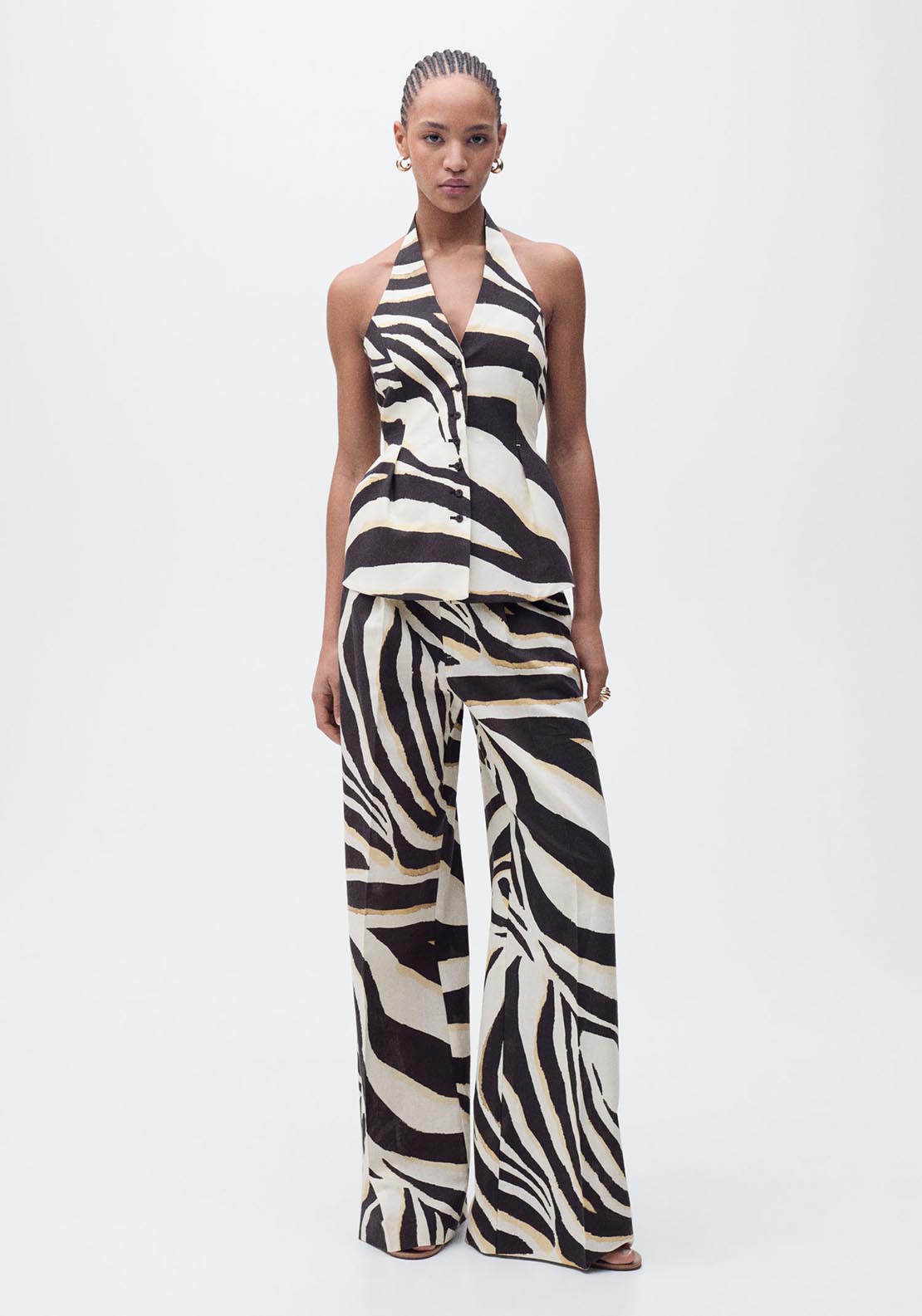 Mango Zebra-print linen-blend waistcoat - Light Beige 2 Shaws Department Stores