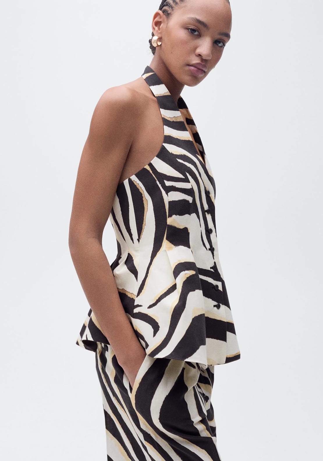 Mango Zebra-print linen-blend waistcoat - Light Beige 1 Shaws Department Stores