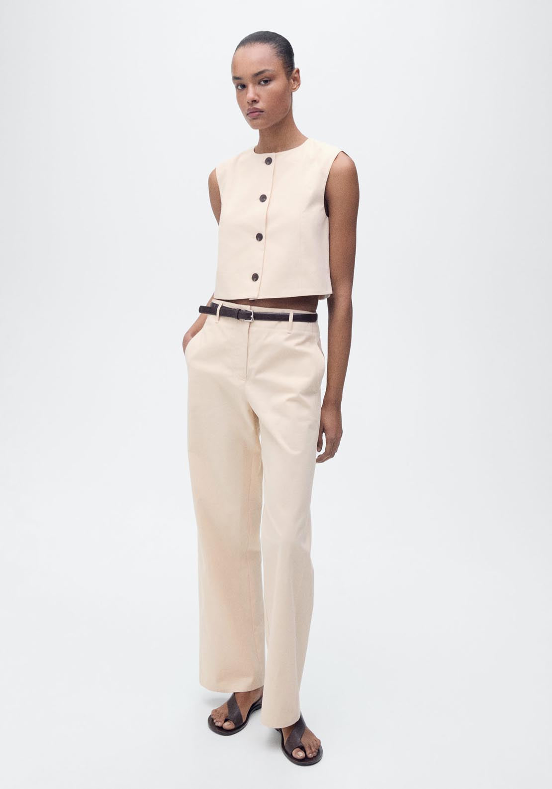 Mango Sleeveles Crop Top With Buttons - Light Beige 4 Shaws Department Stores