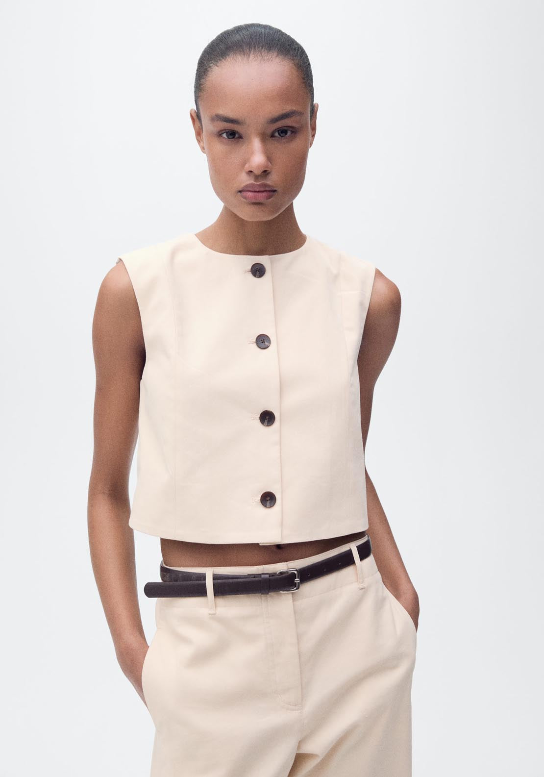 Mango Sleeveles Crop Top With Buttons - Light Beige 1 Shaws Department Stores