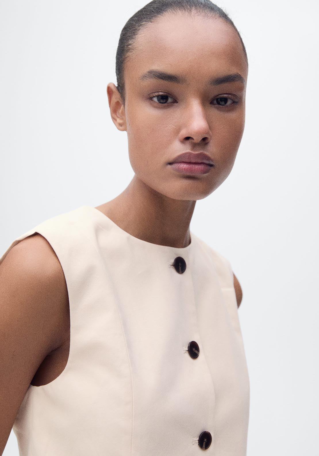 Mango Sleeveles Crop Top With Buttons - Light Beige 3 Shaws Department Stores