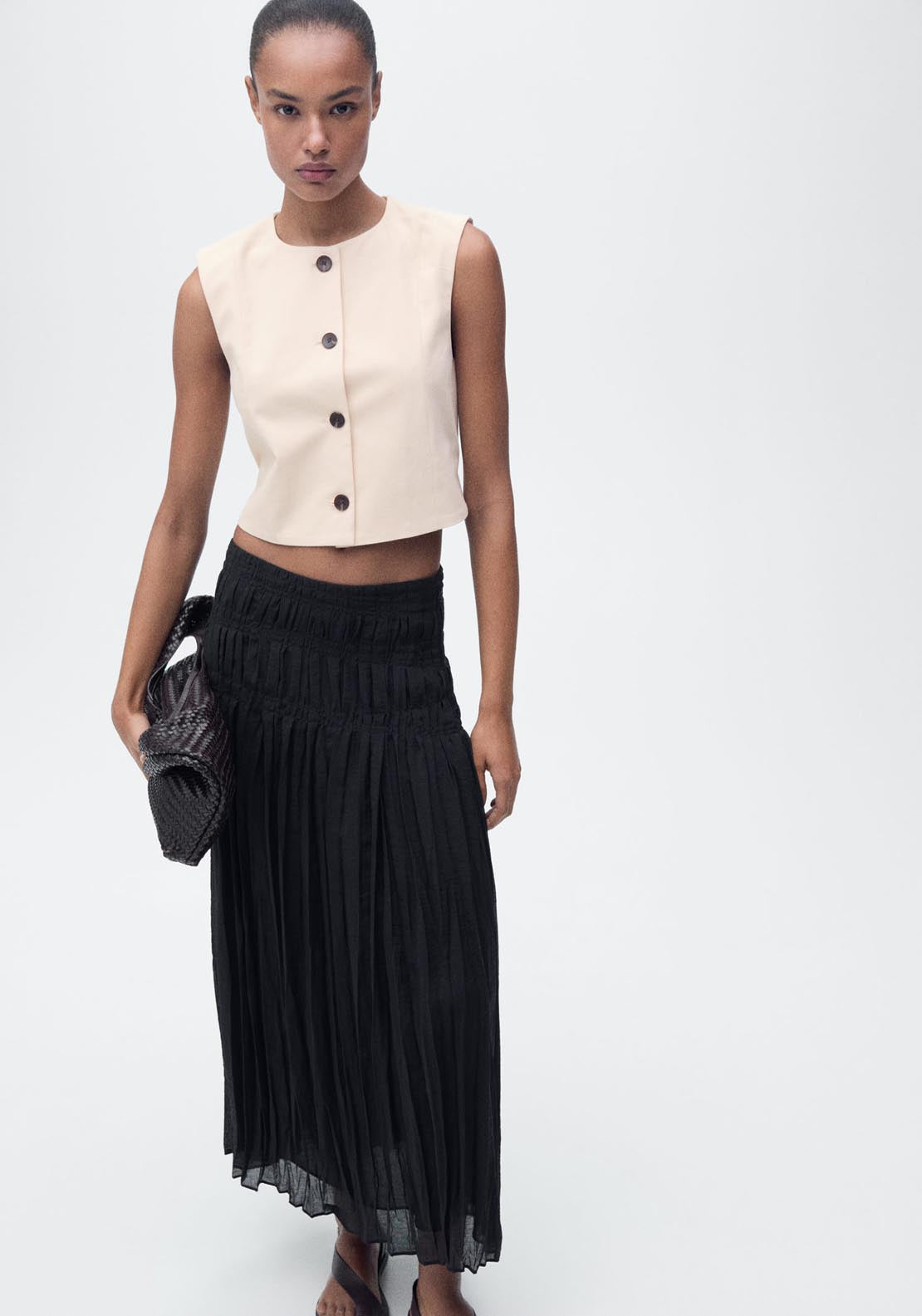 Mango Sleeveles Crop Top With Buttons - Light Beige 5 Shaws Department Stores