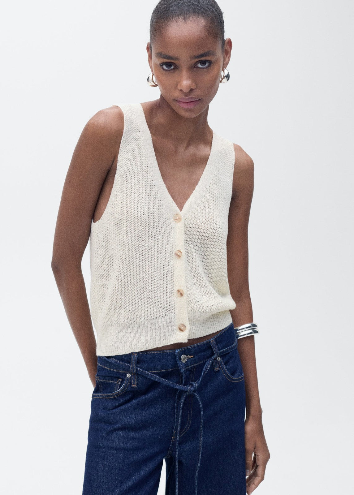 Mango Chunky knit vest with buttons - Light Beige 1 Shaws Department Stores