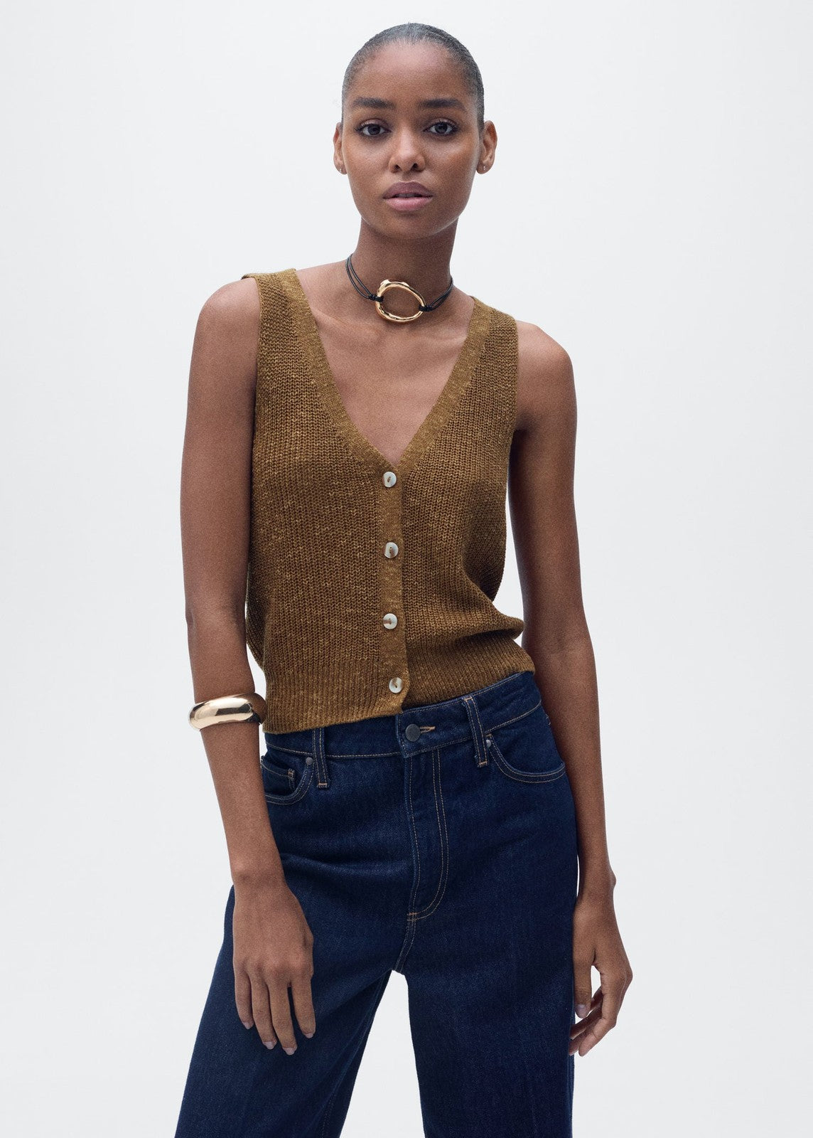 Mango Chunky knit vest with buttons - Medium Brown 1 Shaws Department Stores