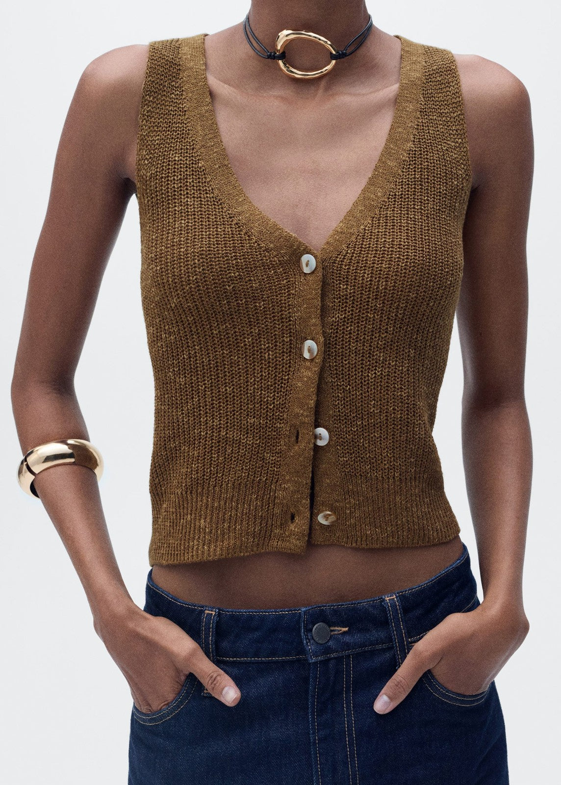 Mango Chunky knit vest with buttons - Medium Brown 7 Shaws Department Stores