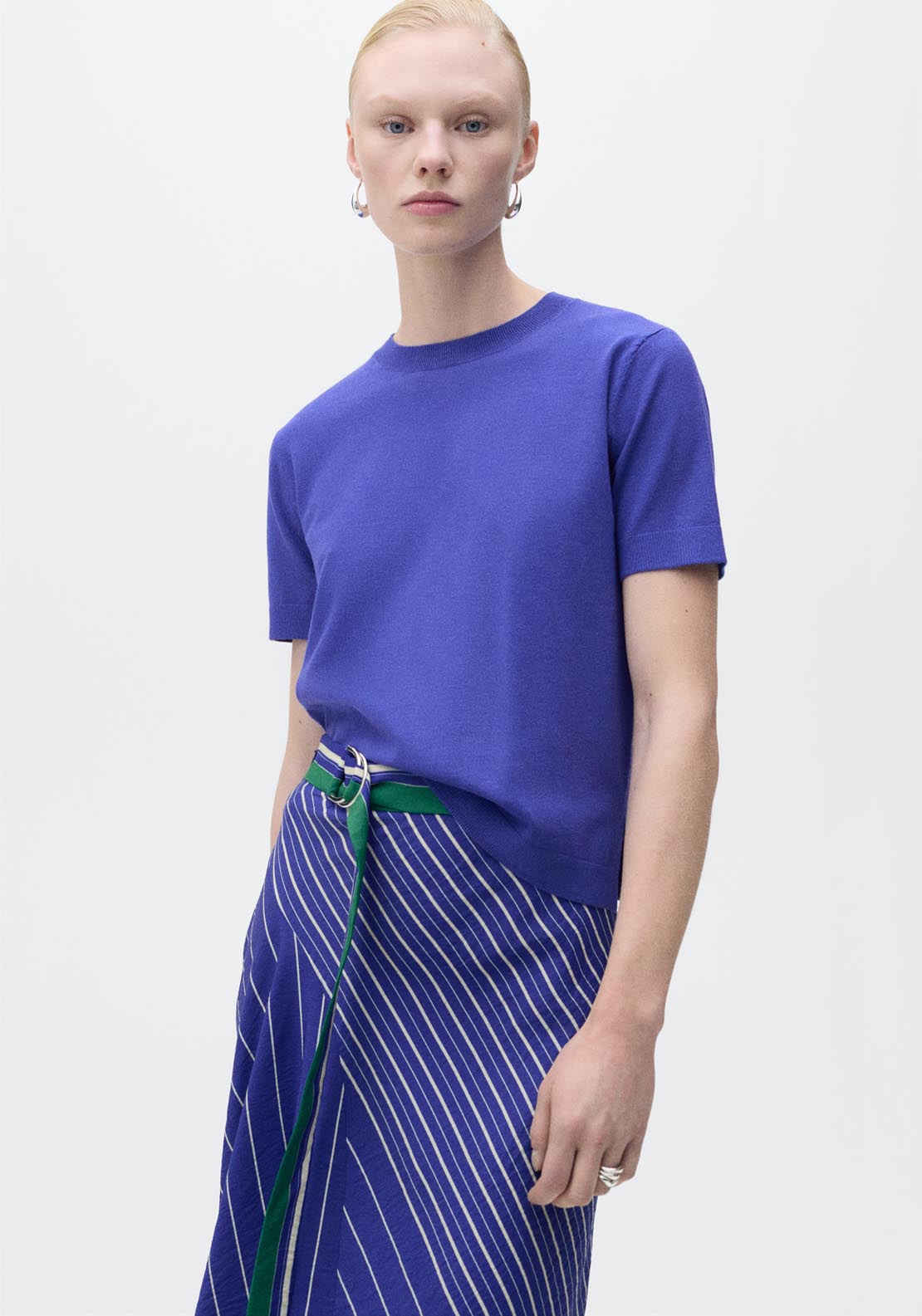 Mango Short Sleeve Fine Knitted Sweater - Medium Blue 1 Shaws Department Stores