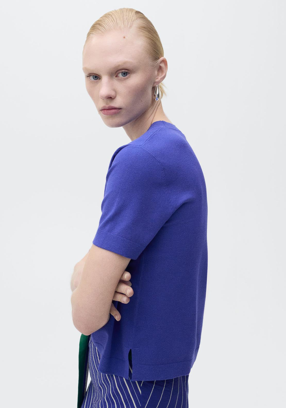 Mango Short Sleeve Fine Knitted Sweater - Medium Blue 3 Shaws Department Stores