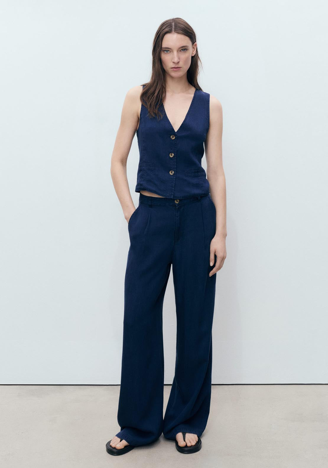 Mango Denim-Effect Lyocell Waistcoat - Open Blue 1 Shaws Department Stores