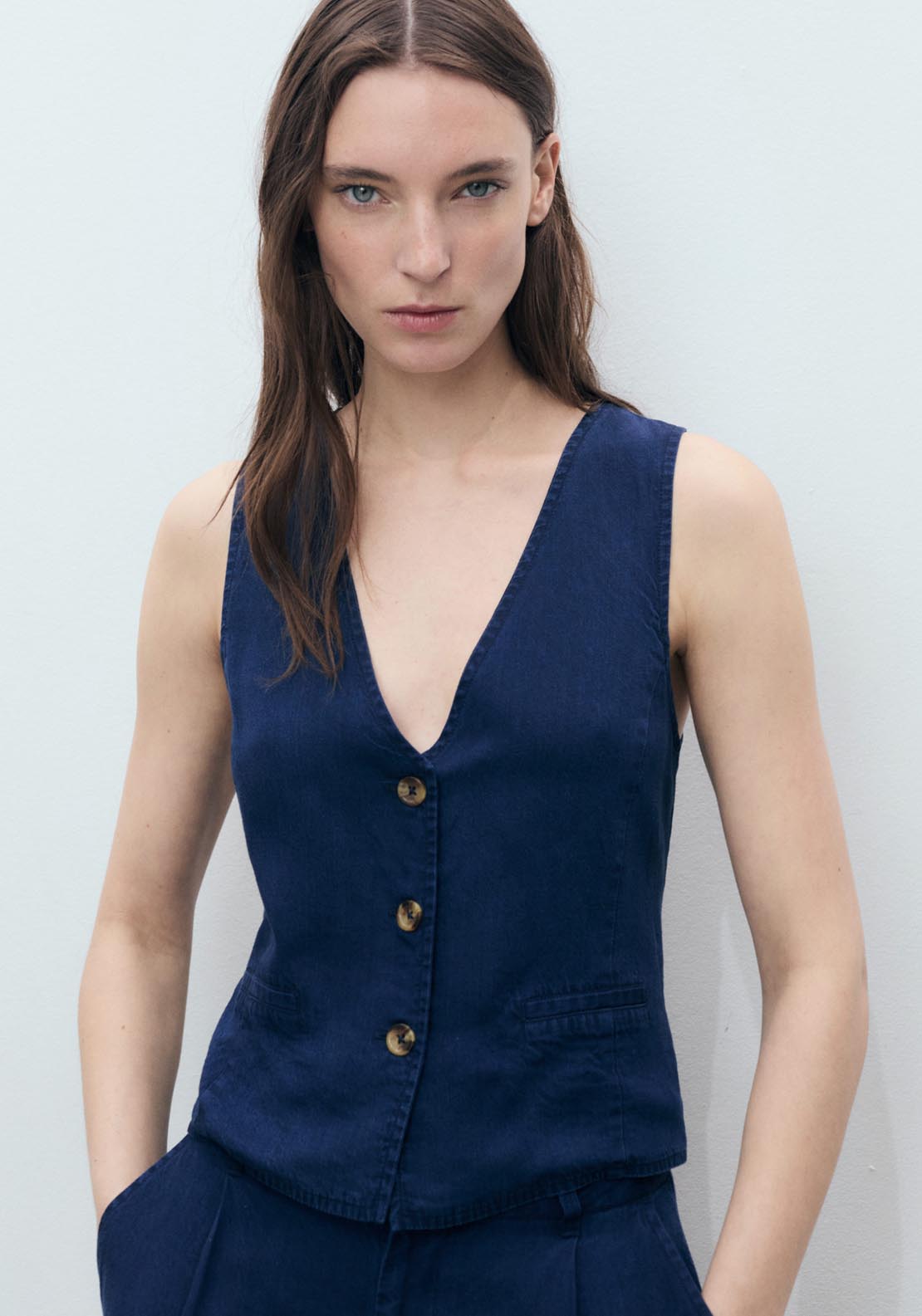 Mango Denim-Effect Lyocell Waistcoat - Open Blue 3 Shaws Department Stores