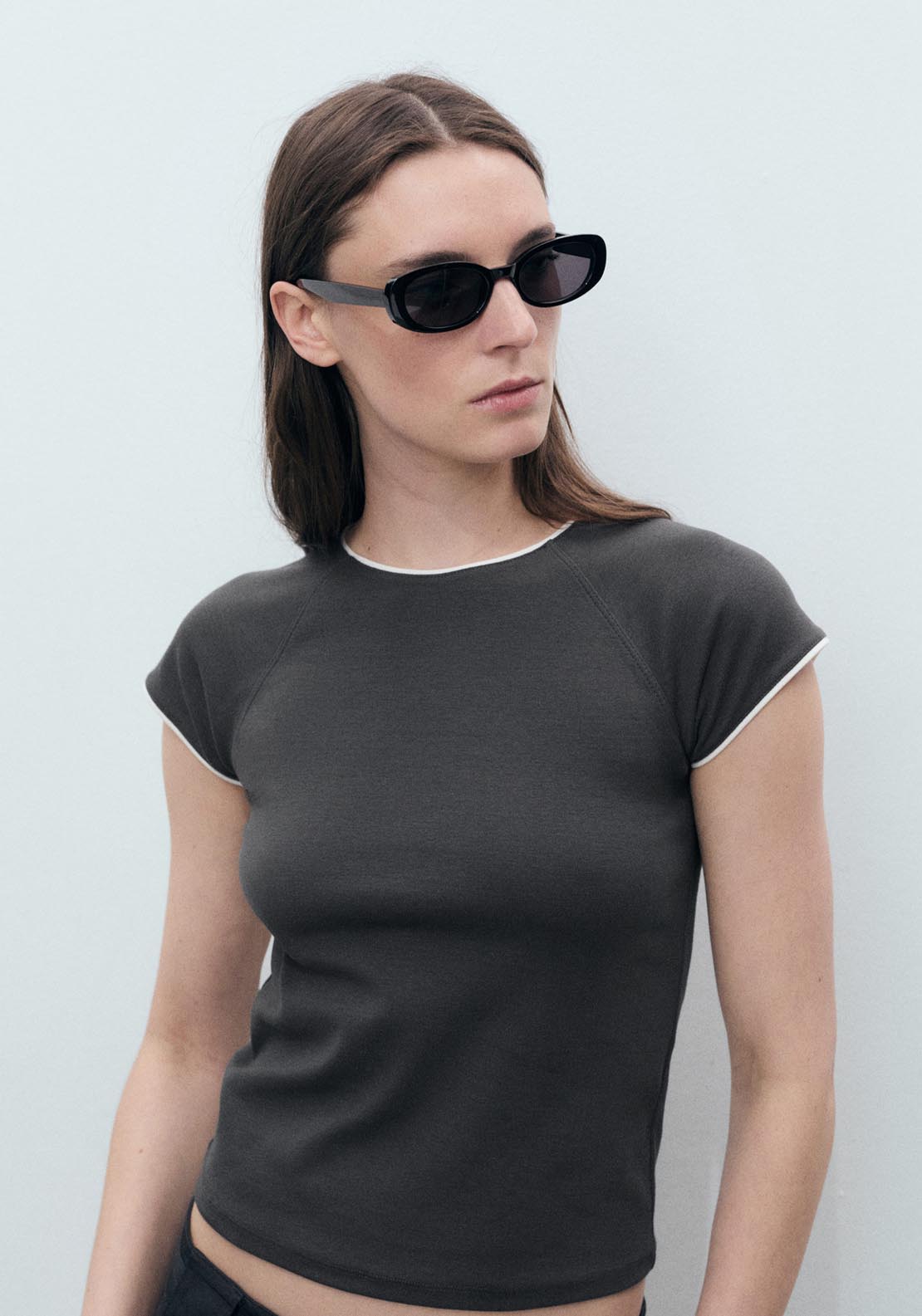 Mango Short Sleeve T-Shirt With Contrasting Trim - Gray 1 Shaws Department Stores