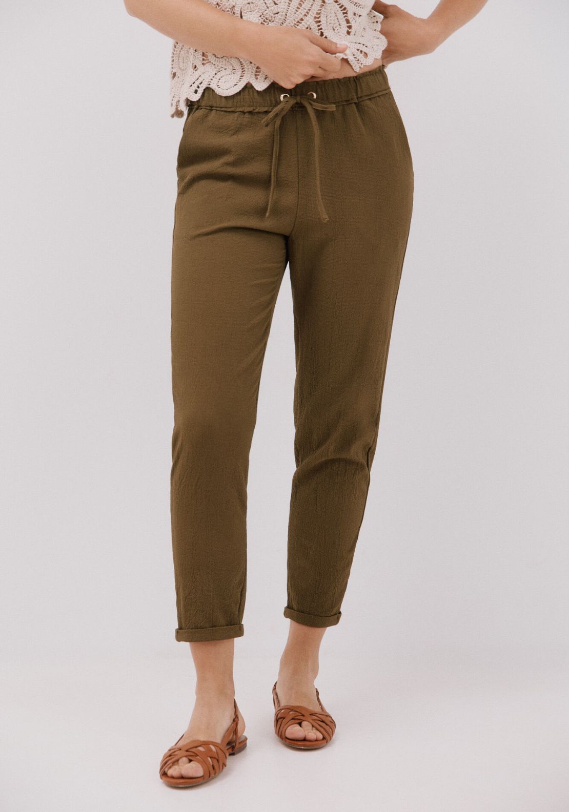 Cortefiel Very Fluid Pants - Dark Khaki 1 Shaws Department Stores