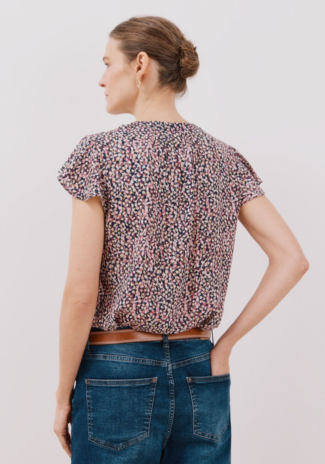 Cortefiel Ruffle Sleeve Blouse - Grey Print 2 Shaws Department Stores
