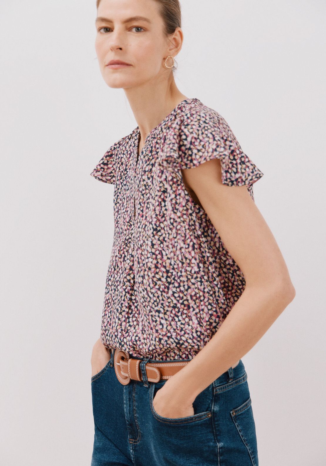 Cortefiel Ruffle Sleeve Blouse - Grey Print 3 Shaws Department Stores