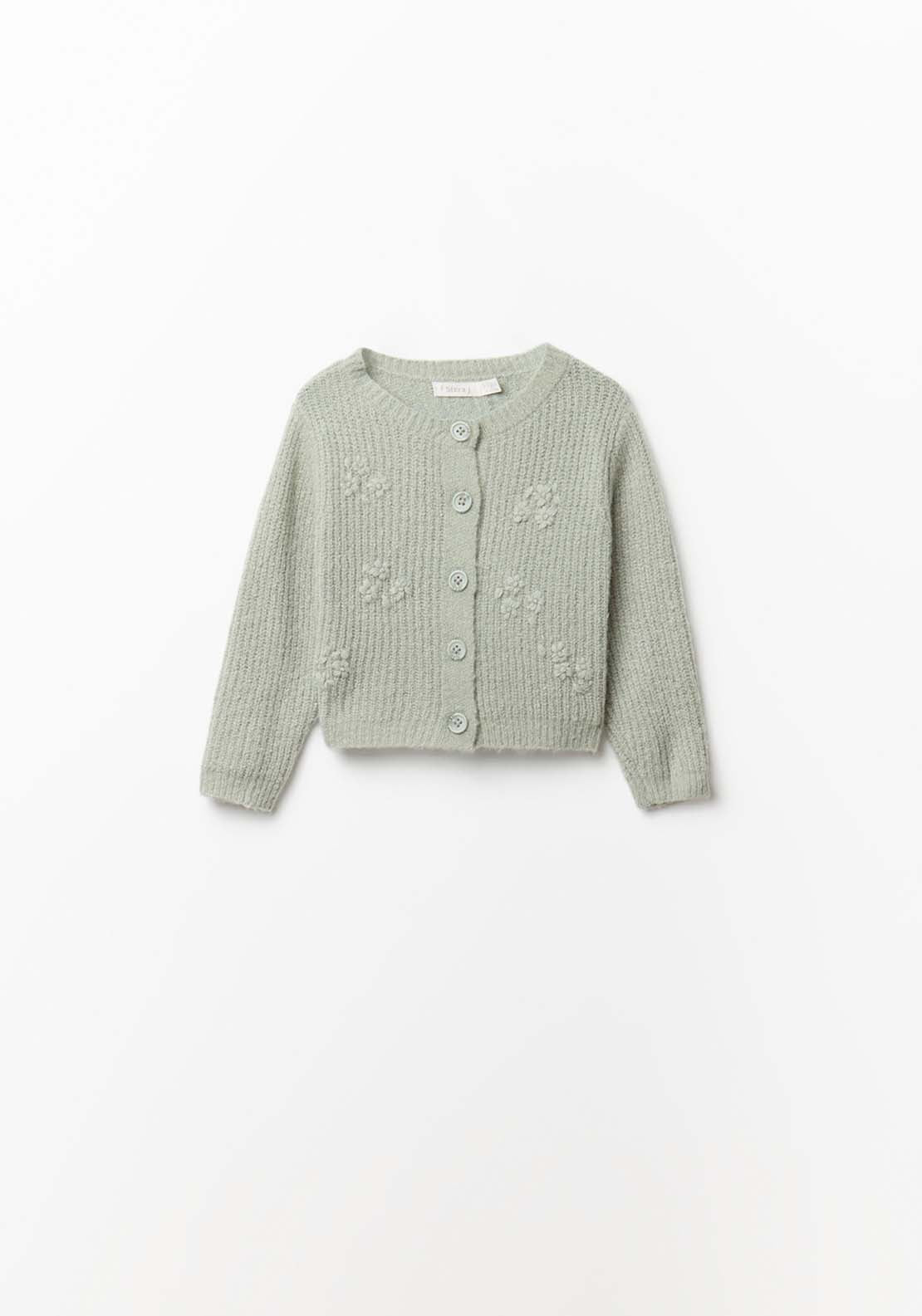 Knit Cardigan With Embroidered Flowers - Green