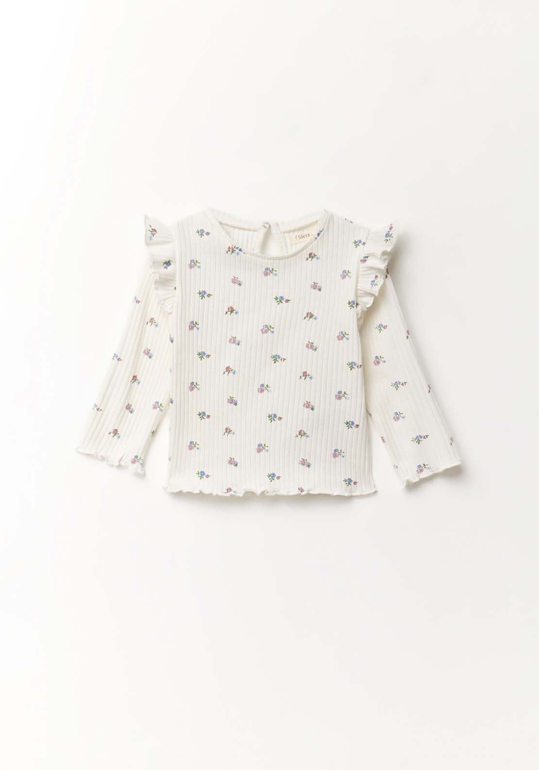 Flowers Contrast Trim Long Sleeved T-Shirt - White