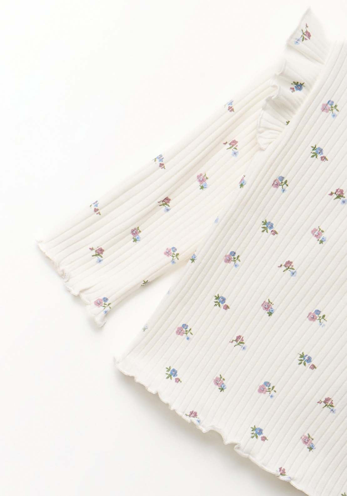 Flowers Contrast Trim Long Sleeved T-Shirt - White