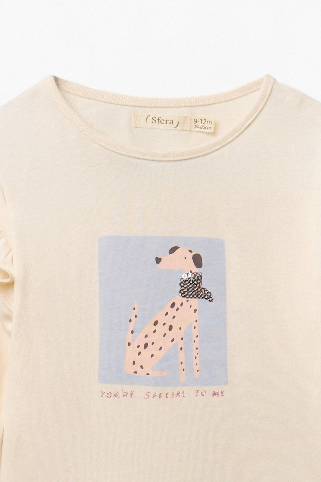 Long Sleeved T-Shirt with Dog Print - Cream