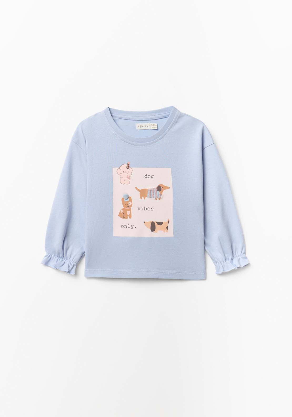 Long Sleeved T-Shirt With Ruffled Cuffs &amp; Dog Design - Blue