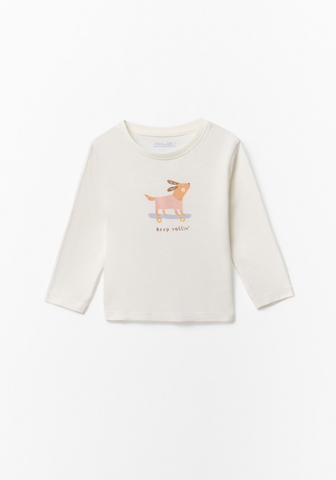 Long Sleeve Dog Print T-shirt - White