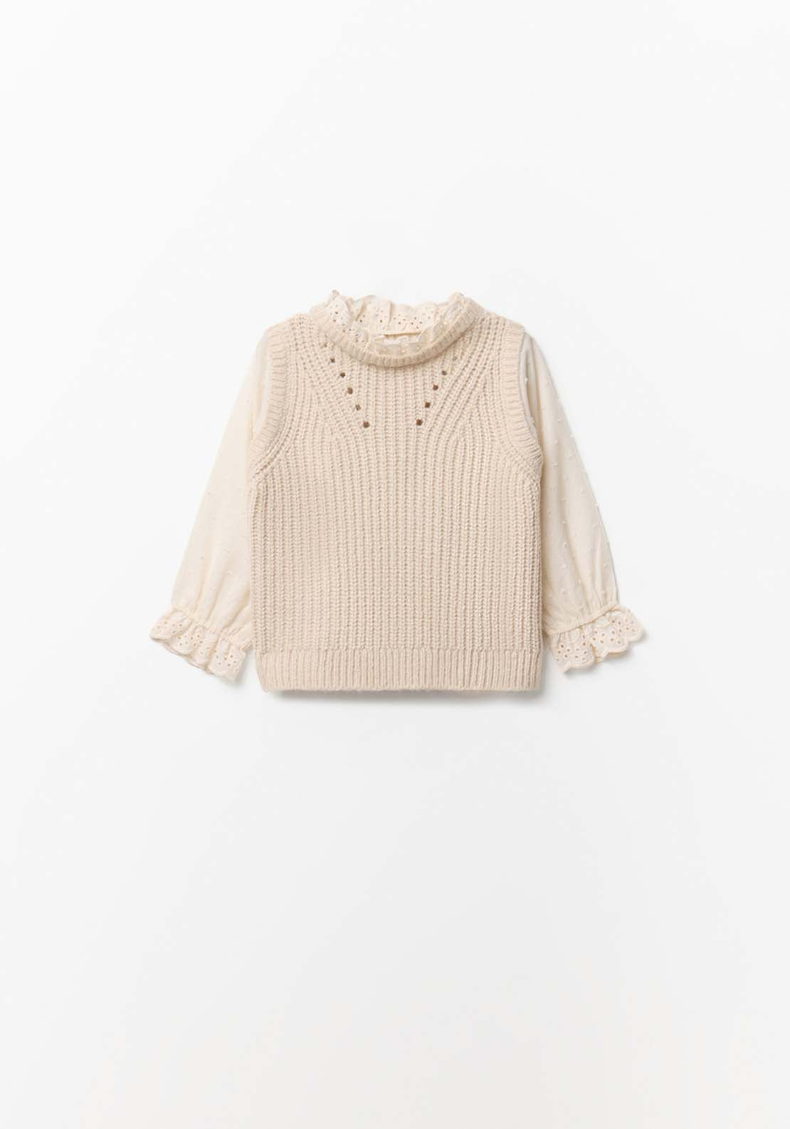 Sleeveless Sweater With Combined Blouse - Cream Ivory