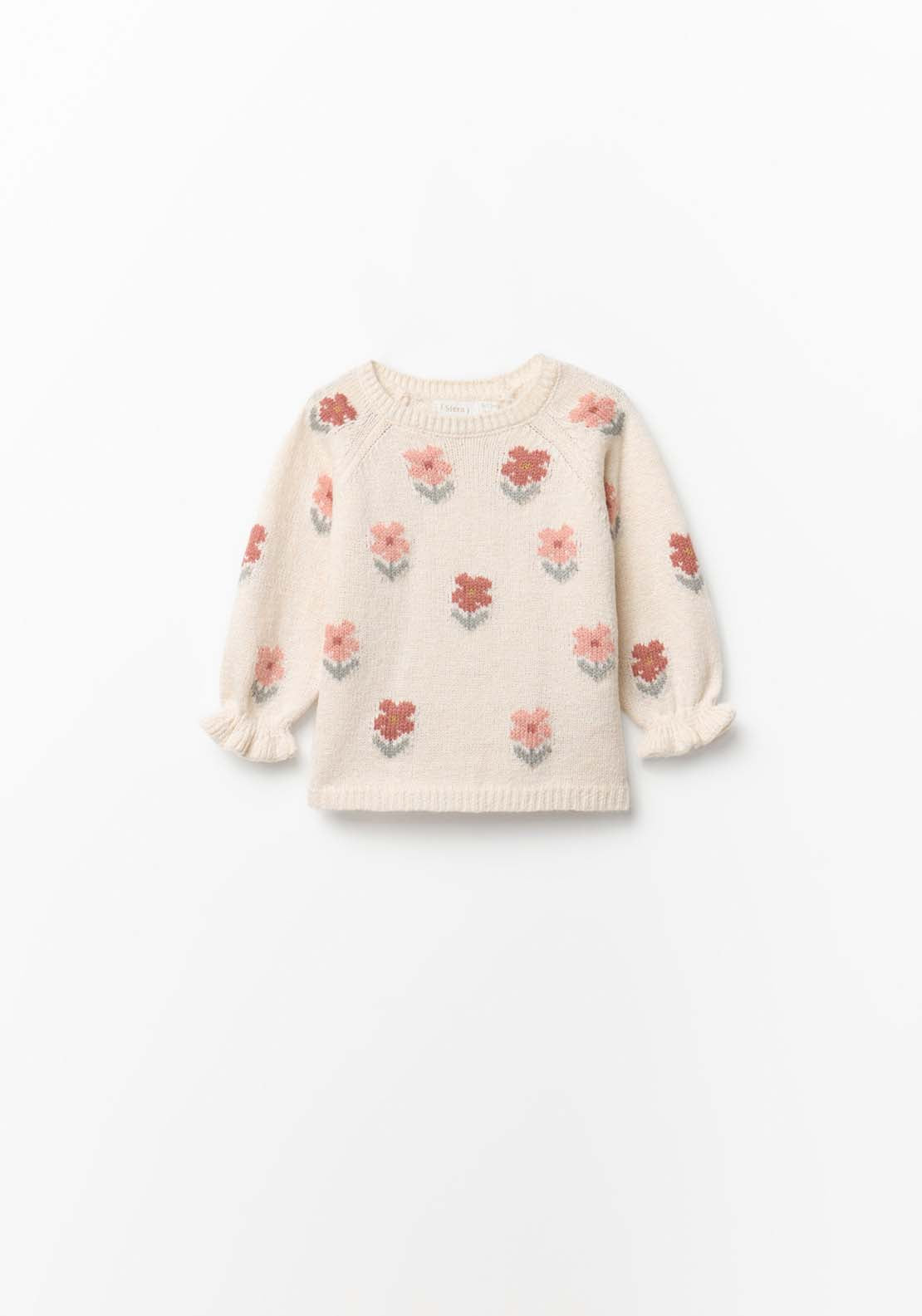 Knit Sweater With Flower Design - Cream