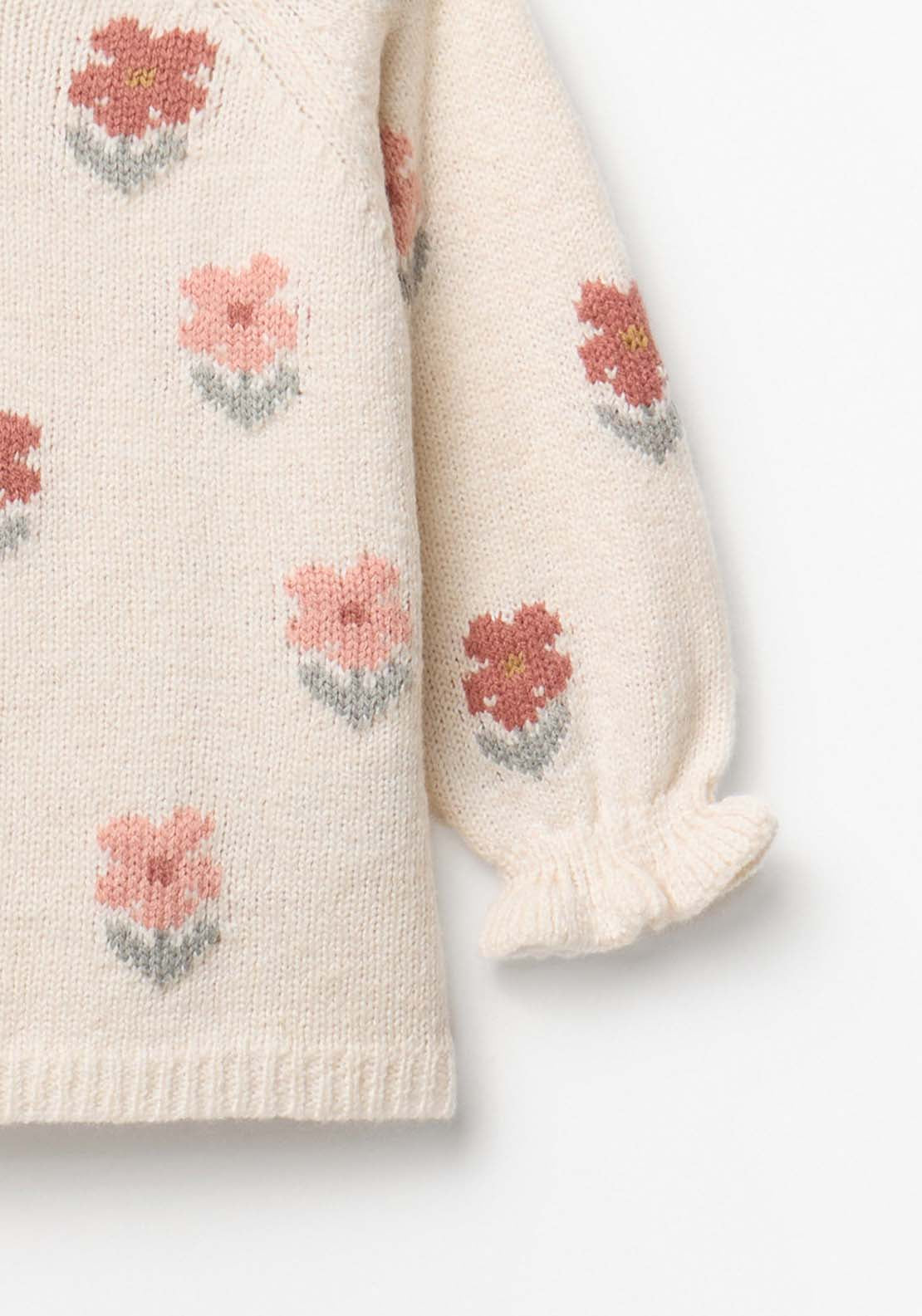 Knit Sweater With Flower Design - Cream
